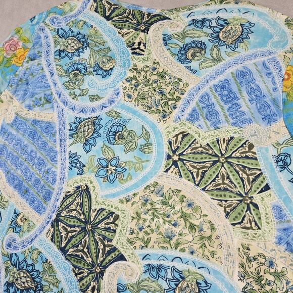 Ulla Popken Top Womens 20/22 Blue Art To Wear Beaded Patchwork Beachy Preppy - Picture 9 of 13